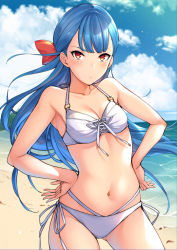 Rule 34 | 1girl, bad id, bad pixiv id, bare shoulders, beach, bikini, blue hair, blue sky, breasts, cleavage, cloud, collarbone, contrapposto, cowboy shot, day, floating hair, hair ribbon, hands on own hips, long hair, looking at viewer, navel, ocean, original, outdoors, red eyes, red ribbon, ribbon, sand, sidelocks, sky, small breasts, solo, stomach, sugarbeat, swimsuit, white bikini, wind, yukari (sugarbeat)