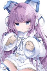 Rule 34 | 1girl, :o, ahoge, animal ears, animal print, aran sweater, azur lane, bear print, blue bow, blue eyes, blunt bangs, blush, bow, brown sweater, cable knit, chocola vt, coat, fake animal ears, fur-trimmed coat, fur-trimmed sleeves, fur trim, hands up, highres, layered sleeves, long hair, long sleeves, looking at viewer, open mouth, pom pom (clothes), purple hair, sidelocks, sleeves past fingers, sleeves past wrists, solo, sweater, tashkent (azur lane), thighhighs, white background, white coat, white thighhighs, wide sleeves, winter clothes