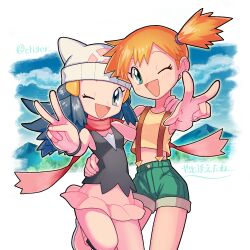 Rule 34 | 2girls, artist name, asymmetrical hair, bare arms, bare legs, bare shoulders, blue eyes, blue hair, blue shorts, blush, breasts, creatures (company), dawn (pokemon), denim, denim shorts, female focus, game freak, gen 1 pokemon, green eyes, grin, gym leader, hair down, hair tie, hat, highres, legs, long hair, looking at viewer, miniskirt, misty (pokemon), multiple girls, navel, nintendo, one eye closed, open mouth, orange hair, pink skirt, pleated skirt, pokemon, pokemon (anime), pokemon (classic anime), pokemon dppt (anime), ponytail, red scarf, scarf, second-party source, shirt, short hair, short shorts, shorts, side ponytail, skirt, small breasts, smile, standing, tank top, thighs, tora (ctiger), wink, yellow shirt, yellow tank top