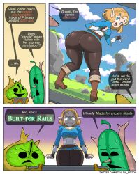 Rule 34 | anger vein, angry, ass, black gloves, black leggings, blonde hair, blue eyes, blue shirt, blue sky, clenched hand, comic, cowboy shot, day, fingerless gloves, from behind, full body, gloves, grass, highres, huge ass, korok, leaning forward, leggings, lip biting, long sleeves, looking back, looking down, nintendo, open mouth, outdoors, pointy ears, princess zelda, shirt, short hair, sky, smile, speech bubble, standing, stealth brock, sweatdrop, text focus, the legend of zelda, the legend of zelda: tears of the kingdom