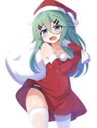 Rule 34 | 1girl, alternate costume, bare shoulders, black panties, blue eyes, blush, commentary request, covered navel, dress, elbow gloves, fur-trimmed headwear, fur trim, gloves, green hair, hair between eyes, hair ornament, hairclip, hat, highres, kantai collection, kurokoshou (emuburemu123), long hair, looking at viewer, open mouth, panties, red dress, red gloves, santa costume, santa dress, santa hat, solo, strapless, thighhighs, underwear, white thighhighs, yamakaze (kancolle)