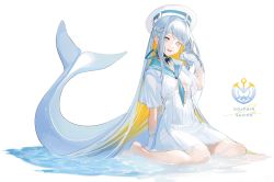 Rule 34 | 1girl, absurdres, barefoot, blonde hair, blue eyes, blue hair, cetacean tail, colored inner hair, commentary, dolphin girl, dress, fins, fish tail, full body, gloves, highres, long hair, looking at viewer, multicolored hair, open mouth, original, shokuen (oxstl), short sleeves, simple background, sitting, smile, tail, very long hair, wariza, water, white background, white dress, white gloves, white headwear