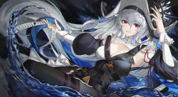 Rule 34 | 1girl, absurdres, arknights, arm up, armpits, black dress, black headwear, black nails, black pantyhose, breasts, cleavage, covered navel, detached sleeves, dress, genera-x, grey hair, hair between eyes, highres, holding, large breasts, light particles, long hair, long sleeves, looking at viewer, nail polish, pantyhose, parted lips, pelvic curtain, puffy long sleeves, puffy sleeves, red eyes, shoulder strap, smile, solo, specter (arknights), specter the unchained (arknights), thigh strap, very long hair, water