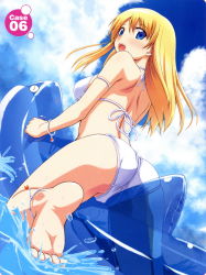 Rule 34 | 1girl, ass, back, barefoot, bikini, blonde hair, blue eyes, bracelet, cameltoe, cloud, day, feet, highres, inflatable dolphin, inflatable toy, jewelry, looking back, scan, sky, soles, solo, swimsuit, takayaki, toes, water, white bikini