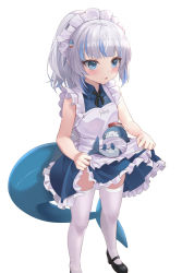 Rule 34 | 1girl, apron, bare arms, black footwear, black ribbon, bloop (gawr gura), blue dress, blue eyes, blue hair, blunt bangs, blush, collared dress, commentary, dress, female focus, fins, fish tail, frilled apron, frilled dress, frills, gawr gura, hair ornament, high ponytail, hololive, hololive english, maid, maid apron, maid headdress, mary janes, medium hair, mujinbensin, multicolored hair, neck ribbon, open mouth, ponytail, ribbon, shark girl, shark hair ornament, shark tail, shoes, sidelocks, simple background, skirt hold, sleeveless, sleeveless dress, solo, streaked hair, striped ribbon, symbol-only commentary, tail, thighhighs, thighs, virtual youtuber, white apron, white background, white hair, white thighhighs, wing collar