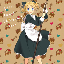 Rule 34 | 1girl, blonde hair, blue eyes, cake, food, fork, highres, open mouth, piyodera mucha, solo, spoon