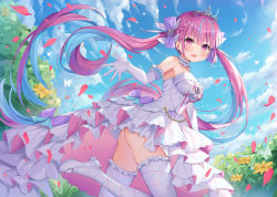 Rule 34 | 1girl, :d, absurdres, ahoge, ass, bare shoulders, blue hair, blue sky, blush, bow, braid, breasts, bug, butterfly, choker, cloud, colored inner hair, day, dress, earrings, elbow gloves, flower, frilled dress, frilled gloves, frilled thighhighs, frills, gloves, hair bow, hair ribbon, highres, hokori sakuni, hololive, insect, jewelry, large breasts, leg up, long dress, long hair, looking at viewer, minato aqua, minato aqua (aqua iro super dream), multicolored hair, open mouth, outdoors, petals, purple eyes, purple hair, purple ribbon, ribbon, shoes, sidelocks, sky, sleeveless, sleeveless dress, smile, solo, strapless, strapless dress, streaked hair, thighhighs, tiara, twintails, two-tone hair, very long hair, virtual youtuber, white dress, white footwear, white gloves, white thighhighs