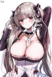 Rule 34 | 1girl, areola slip, arm up, azur lane, bad id, bad twitter id, bare shoulders, between breasts, black dress, blush, breasts, cleavage, dress, earrings, formidable (azur lane), frilled dress, frills, grey hair, hair ribbon, hand in own hair, highres, jewelry, large breasts, long hair, long sleeves, looking at viewer, red eyes, ribbon, sak (lemondisk), simple background, solo, sweat, twintails, two-tone dress, white background