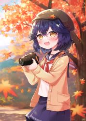 Rule 34 | 1girl, :3, :d, autumn, autumn leaves, blue hair, blush, bow, cabbie hat, camera, camera around neck, cardigan, dappled sunlight, hat, hat bow, highres, holding, holding camera, leaf, leaf on head, long sleeves, looking at viewer, maple leaf, nanase (ribonshitoron), neckerchief, open mouth, original, outdoors, pleated skirt, school uniform, serafuku, short hair, skirt, smile, solo, sunlight, tree, yellow eyes