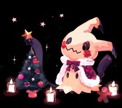Rule 34 | animal focus, black background, candle, capelet, christmas, christmas tree, creatures (company), fur-trimmed capelet, fur trim, game freak, gen 7 pokemon, gingerbread man, highres, mimikyu, nintendo, no humans, pokemon, pokemon (creature), red capelet, simple background, solid oval eyes, sparkle, star (symbol), su (sajo su5), tail, wavy mouth