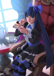 Rule 34 | 10s, 1girl, black hair, blunt bangs, bow, cake, colored inner hair, dog hate burger, flower, food, gothic lolita, green eyes, hair bow, hair flower, hair ornament, hime cut, lips, lolita fashion, long hair, multicolored hair, nail polish, panty &amp; stocking with garterbelt, pink hair, plate, sitting, solo, stocking (psg), striped clothes, striped thighhighs, tea set, thighhighs, two-tone hair, very long hair