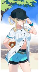 Rule 34 | 1girl, aqua shorts, arm behind back, bad id, bad twitter id, ball, baseball, baseball cap, baseball glove, baseball uniform, belt, belt buckle, black hat, blonde hair, blue shorts, breasts, buckle, buttons, closed mouth, commentary request, day, fingernails, green eyes, hair between eyes, hand on headwear, hand up, hat, holding, holding ball, legs apart, looking at viewer, medium breasts, midriff, navel, original, outdoors, ponytail, ribbed shirt, shirt, short shorts, short sleeves, shorts, solo, sportswear, standing, stomach, sweatdrop, tree, unbuttoned, unbuttoned shirt, washi no tosaka, wristband