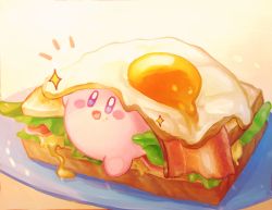 Rule 34 | absurdres, bacon, blue eyes, bread, bread slice, cheese, commentary, food, food focus, food on face, fried egg, highres, in food, kirby, kirby (series), lettuce, nintendo, open mouth, plate, sandwich, shadow, solo, sparkle, under covers, vul3hl0smteyk1z