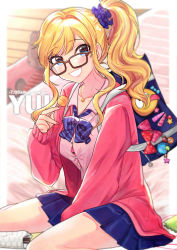 Rule 34 | 1girl, bespectacled, blonde hair, blue eyes, blurry, bra, breasts, depth of field, glasses, highres, idolmaster, idolmaster cinderella girls, jewelry, long hair, medium breasts, necklace, ohtsuki yui, ponytail, scan, sitting, smile, solo, underwear, wavy hair, wenquangua