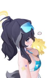 Rule 34 | 1girl, absurdres, ama doooo, animal ears, bare shoulders, black hair, blue archive, breasts, cheerleader, crop top, detached collar, dog ears, dog girl, dog tail, from above, from side, goggles, goggles on head, halo, hibiki (blue archive), hibiki (cheer squad) (blue archive), highres, medium breasts, midriff, millennium cheerleader outfit (blue archive), pom pom (cheerleading), sideboob, solo, tail, white background