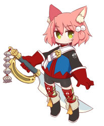 Rule 34 | 1girl, 7th dragon, 7th dragon (series), animal ear fluff, animal ears, belt, belt buckle, bike shorts, black footwear, black shorts, blue jacket, blush, boots, buckle, cat ears, closed mouth, fighter (7th dragon), full body, gloves, green eyes, green thighhighs, hair between eyes, hair bobbles, hair ornament, harukara (7th dragon), highres, holding, holding sword, holding weapon, jacket, long sleeves, looking at viewer, naga u, one side up, pink hair, red gloves, short shorts, shorts, simple background, solo, standing, striped clothes, striped thighhighs, sword, thighhighs, thighhighs under boots, weapon, white background, white belt