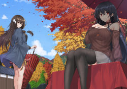 Rule 34 | 2girls, absurdres, alternate costume, arm support, autumn, autumn leaves, azur lane, bare legs, bare shoulders, black hair, black legwear, black shirt, blue coat, blue sky, bra strap, breasts, brown eyes, brown sweater, building, casual, choker, cloud, coat, collarbone, commentary request, day, feet out of frame, grey skirt, hair between eyes, hand on own chest, hand up, highres, horns, huge filesize, large breasts, long hair, long sleeves, looking at viewer, mikasa (azur lane), miniskirt, multiple girls, open clothes, open coat, outdoors, parted lips, planted, planted umbrella, pleated skirt, red choker, red eyes, red skirt, red umbrella, ribbed sweater, shirt, sidelocks, single horn, sitting, skirt, sky, standing, suiroh (shideoukami), sweater, taihou (azur lane), thighhighs, thighs, tree, umbrella, wide sleeves