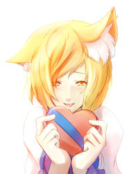 Rule 34 | 1girl, :p, animal ears, blonde hair, dearmybrothers, female focus, fox ears, gift, heart, highres, looking at viewer, no headwear, short hair, simple background, smile, solo, tongue, tongue out, touhou, upper body, valentine, white background, yakumo ran, yellow eyes