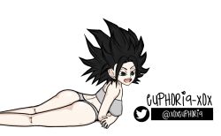 Rule 34 | 1girl, ass, ass focus, black hair, bra, breasts, caulifla, dragon ball, dragon ball super, euphoria-xox, female focus, legs together, looking to the side, lying, on stomach, panties, short hair, sideboob, simple background, smile, solo, spiked hair, talking, tomboy, underwear, white background