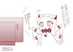 Rule 34 | +++, 10s, 1girl, abyssal ship, artist name, blush stickers, collar, comic, commentary request, covered mouth, dress, excited, greyscale, horns, kantai collection, kemono friends, long hair, mittens, monochrome, northern ocean princess, sidelocks, sleeveless, sleeveless dress, solo, television, translation request, twitter username, upper body, waving arms, white background, yamato nadeshiko