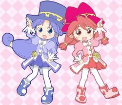 Rule 34 | 00s, 2girls, argyle, argyle background, argyle clothes, blue eyes, blue hair, blue hat, bow, bowtie, buttons, fine (futagohime), fushigiboshi no futago hime, hat, hatomugi (mamotan), long hair, long sleeves, low-tied long hair, multiple girls, open mouth, outline, pantyhose, pink eyes, red hair, red hat, red skirt, rein (futagohime), simple background, skirt, smile