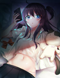 Rule 34 | 1girl, ahoge, bad id, bad pixiv id, bed sheet, black skirt, blue eyes, blush, bow, bowtie, unworn bowtie, cellphone, clothes pull, collarbone, hair bobbles, hair ornament, heart, jacket, long hair, looking at viewer, lying, midriff, navel, on back, on bed, one side up, open clothes, open jacket, original, panties, panty peek, parted lips, phone, picter, pillow, pleated skirt, red bow, screen light, shirt, short sleeves, skirt, skirt pull, smartphone, solo, stomach, stuffed animal, stuffed cat, stuffed toy, underwear, white jacket, white panties, white shirt