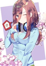 Rule 34 | 1girl, absurdres, blue cardigan, blue eyes, blush, breasts, brown hair, cardigan, cherry blossoms, closed mouth, commentary, cowboy shot, go-toubun no hanayome, hair between eyes, hand up, headphones, headphones around neck, highres, long hair, long sleeves, looking at viewer, nakano miku, one eye closed, pout, sawtowne, shadow, shirt, solo, spoken squiggle, squiggle, white shirt