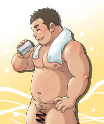 Rule 34 | 1boy, ^ ^, after bathing, bara, beer can, belly, brown hair, can, closed eyes, completely nude, drink can, facial hair, fat, fat man, feet out of frame, flaccid, from side, goatee stubble, male focus, mature male, muscular, muscular male, navel, navel hair, nipples, nude, original, pectorals, penis, scribble censor, short hair, sideburns stubble, small penis, solo, standing, stomach, stubble, suv (suv032), thick thighs, thighs, towel, towel around neck