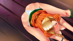 Rule 34 | 1girl, ass, belt, bianca (dq5), blonde hair, blue eyes, blush, breasts, breasts out, dragon quest, dragon quest v, earrings, embarrassed, female focus, hanging breasts, highres, humiliation, inja no kuruwa, jewelry, large breasts, legs, long hair, nipples, panties, solo, square enix, sweat, thighs, top-down bottom-up, underwear, white panties