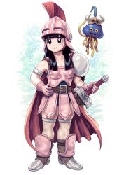 Rule 34 | 1girl, absurdres, armor, black eyes, black hair, black leotard, boobplate, boots, breastplate, cape, chi-chi (dragon ball), closed mouth, dragon quest, full body, gloves, helmet, highres, healslime, holding, holding sword, holding weapon, leotard, looking at viewer, pauldrons, pink gloves, plume, red cape, sakkan, shoulder armor, single pauldron, smile, solo, standing, sword, thighlet, weapon