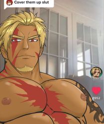 Rule 34 | 1boy, abs, bara, beowulf (fate), blonde hair, chest tattoo, cover them up slut (meme), cyber cowboi, dark-skinned male, dark skin, facial hair, fate/grand order, fate (series), forked eyebrows, goatee, highres, large pectorals, li shuwen (fate), li shuwen (young) (fate), looking at viewer, male focus, mature male, meme, muscular, muscular male, nipples, nude, pectoral focus, pectorals, red eyes, short hair, sideburns, solo, tattoo, upper body