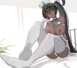 Rule 34 | 1girl, bare shoulders, black hair, blue archive, blush, breasts, breasts out, choker, dark-skinned female, dark skin, elbow gloves, feet, fishnets, gloves, halo, hat, id card, kakumayu, karin (blue archive), lanyard, large breasts, legs, long hair, looking at viewer, miniskirt, nipples, nurse cap, ponytail, revealing clothes, sitting, skirt, thighhighs, toes, white gloves, white hat, white skirt, white thighhighs, yellow eyes