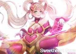 Rule 34 | 1girl, alternate costume, bad id, bad pixiv id, bare shoulders, blue eyes, blush, breasts, cleavage, dress, english text, eyebrows, eyelashes, gloves, hair ornament, hair rings, hairband, hanato (seonoaiko), heart, heart hair ornament, instrument, jewelry, large breasts, league of legends, long hair, looking at viewer, pink dress, simple background, solo, sona (league of legends), sweetheart sona, twintails, twitter username, very long hair, white hair