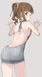 Rule 34 | 1girl, ass, back, bare back, bare shoulders, blush, breasts, brown eyes, brown hair, brown scrunchie, butt crack, closed mouth, cowboy shot, from behind, grey background, grey sweater, hair ornament, hair scrunchie, halterneck, hands up, idolmaster, idolmaster cinderella girls, idolmaster cinderella girls starlight stage, igarashi kyoko, long hair, looking at viewer, looking back, medium breasts, meme attire, minori (m-noir), naked sweater, puff of air, scrunchie, side ponytail, sideboob, simple background, sleeveless, sleeveless sweater, sleeveless turtleneck, solo, standing, sweater, turtleneck, turtleneck sweater, virgin killer sweater