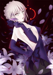 Rule 34 | 1girl, artoria pendragon (fate), ass, backless outfit, bare back, blonde hair, breasts, elbow gloves, covered erect nipples, fate/grand order, fate/stay night, fate (series), flower, gloves, highres, illusionk, looking at viewer, looking back, saber (fate), saber alter, sideboob, solo, type-moon, yellow eyes