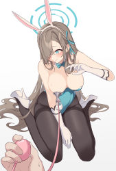 Rule 34 | 1boy, 1girl, @ @, absurdres, animal ears, aqua eyes, asuna (blue archive), asuna (bunny) (blue archive), bare shoulders, black pantyhose, blue archive, blush, bow, bowtie, breast pump, breasts, breasts out, brown hair, detached collar, elbow gloves, embarrassed, fake animal ears, gloves, hair over one eye, hair ribbon, halo, high heels, highres, lactation, large breasts, leotard, litsvn, long hair, looking away, looking down, milking machine, mole, out of frame, pantyhose, playboy bunny, rabbit ears, ribbon, sidelocks, simple background, solo focus, sweat, thighband pantyhose, very long hair, white background, white footwear, white gloves
