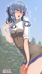 Rule 34 | 1girl, :d, belt, blue eyes, blue hair, blue sky, blush, breasts, day, dress, gotland (kancolle), hair between eyes, kantai collection, katou techu, long hair, medium breasts, mole, mole under eye, open mouth, ponytail, sky, smile, solo, tears, tree