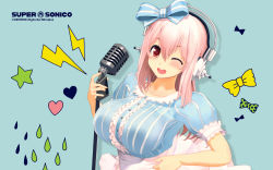 Rule 34 | 1girl, 3d, ;d, blush, bow, breasts, headphones, heart, highres, huge breasts, large breasts, long hair, looking at viewer, mascot, nitroplus, one eye closed, open mouth, pink hair, red eyes, smile, solo, star (symbol), super sonico, wallpaper