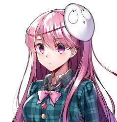 Rule 34 | 1girl, blank stare, blouse, blue shirt, breasts, checkered clothes, checkered shirt, dark jewel (gem oblivion), expressionless, hair between eyes, hata no kokoro, long hair, looking at viewer, medium breasts, pink eyes, pink hair, plaid, plaid shirt, shirt, simple background, solo, touhou, trait connection, upper body, white background
