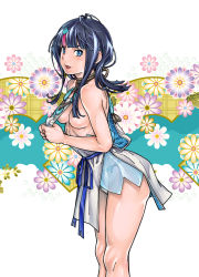 Rule 34 | 1girl, bare shoulders, black hair, blue eyes, blue ribbon, blush, breasts, clothes pull, collarbone, convenient censoring, dress, dress pull, fate/grand order, fate/requiem, fate (series), floral background, fukudahda, fundoshi, highres, japanese clothes, jewelry, looking at viewer, magatama, magatama hair ornament, medium breasts, medium hair, multicolored hair, necklace, open mouth, pelvic curtain, photoshop (medium), pink hair, ribbon, seigaiha, short dress, sideboob, sideless outfit, sleeveless, sleeveless dress, streaked hair, thighs, utsumi erice, white dress