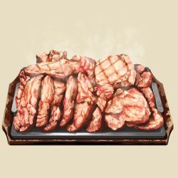 Rule 34 | food, food focus, haruhi1281, highres, meat, no humans, original, simple background, steam, still life, tray