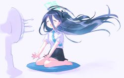 Rule 34 | 1girl, aqua necktie, aris (blue archive), barefoot, black hair, black skirt, blue archive, blush, closed eyes, collared shirt, cushion, electric fan, grey background, hair between eyes, hairband, halo, highres, kyuuri (miyako), long hair, necktie, one side up, open mouth, pleated skirt, shirt, short sleeves, simple background, sitting, skirt, solo, very long hair, white shirt