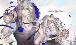 Rule 34 | 1boy, 2021, 2girls, animal ears, arknights, asymmetrical hair, black choker, black skirt, blue flower, blue ribbon, blue rose, bouquet, bracelet, braid, buttons, chinese commentary, choker, cliffheart (arknights), closed mouth, coat, collarbone, collared shirt, commentary, commentary request, earrings, english commentary, falling petals, flower, green ribbon, grey eyes, hair flower, hair ornament, hands up, happy new year, high-waist skirt, highres, holding, holding bouquet, jewelry, lamppost, leaning forward, leopard boy, leopard ears, leopard girl, light smile, long hair, looking at viewer, medium hair, mixed-language commentary, multiple girls, new year, open clothes, open coat, open mouth, outdoors, petals, ponytail, pramanix (arknights), puffy short sleeves, puffy sleeves, railing, red ribbon, ribbon, rose, shirt, short sleeves, silver hair, silverash (arknights), single braid, single earring, skirt, sleeves rolled up, smile, spade-m, teeth, upper body, upper teeth only, waistcoat, white flower, white shirt