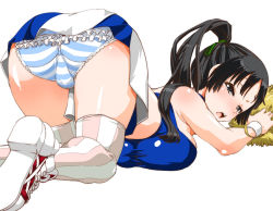 Rule 34 | 1girl, akiyama mio, all fours, ass, bare shoulders, bent over, black eyes, black hair, blue panties, breast press, breasts, cheerleader, frills, k-on!, large breasts, long hair, midriff, open mouth, panties, pom pom (cheerleading), ponytail, round teeth, shinama, shoes, simple background, sneakers, solo, striped clothes, striped panties, striped thighhighs, tears, teeth, thighhighs, top-down bottom-up, underwear, vertical-striped clothes, vertical-striped thighhighs, white background, wristband