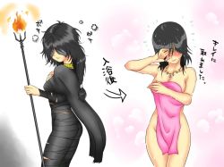 Rule 34 | 1girl, black hair, blush, cape, choker, covering privates, demon&#039;s souls, dress, female focus, fire, from software, hair over eyes, hamaguri koutarou, jewelry, long hair, maiden in black, naked towel, necklace, nude, nude cover, ponytail, solo, staff, sweatdrop, towel, translation request, wet