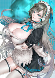Rule 34 | 1girl, absurdres, apron, arm under breasts, asuna (blue archive), blue archive, blue eyes, blue neckwear, breasts, brown hair, cleavage, dutch angle, elbow gloves, gloves, halo, highres, huge filesize, kos-owl, large breasts, lips, long hair, maid, maid headdress, mole, mole on breast, neckwear between breasts, solo, thighhighs, white gloves, zoom layer