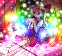 Rule 34 | 1girl, bed, blonde hair, bobby socks, colorful, cup, embodiment of scarlet devil, female focus, flandre scarlet, haiiro (immature), hat, holding, pillow, pointy ears, red eyes, side ponytail, sitting, socks, solo, star (symbol), teacup, touhou, untied, white socks, wings