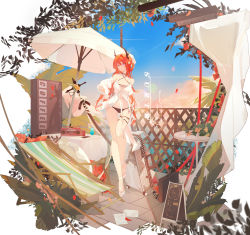 Rule 34 | 1girl, absurdres, arknights, beach chair, beach umbrella, bikini, black bikini, black choker, breasts, can, character name, choker, cleavage, closed mouth, cloud, commentary, cup, day, demon girl, demon horns, detached sleeves, drinking glass, flower, full body, hair between eyes, hair ornament, hair rings, hand on own hip, highres, horns, krao, leaf, light blush, light smile, long hair, looking at viewer, medium breasts, ocean, official alternate costume, outdoors, pink eyes, radio, red flower, red hair, shoes, sky, solo, standing, star (symbol), star hair ornament, suitcase, surtr (arknights), surtr (colorful wonderland) (arknights), swimsuit, swimsuit cover-up, table, umbrella, very long hair, water, white footwear, white sleeves, yellow flower