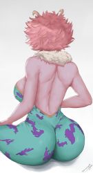 Rule 34 | 1girl, ashido mina, ass, back, bad id, bad pixiv id, bodysuit, boku no hero academia, breasts, colored skin, from behind, highres, horns, huge ass, lambofgod 777, large breasts, oroborus, pink hair, pink skin, short hair, simple background, sitting, skin tight, solo, white background