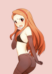 Rule 34 | 1girl, arm behind back, ass, back, bare shoulders, black bra, bra, brown hair, elbow gloves, embarrassed, female focus, gloves, hairband, hand on own chest, idolmaster, idolmaster (classic), long hair, looking at viewer, looking back, minase iori, no panties, open mouth, pantyhose, red eyes, sakaki imasato, solo, thighband pantyhose, underwear